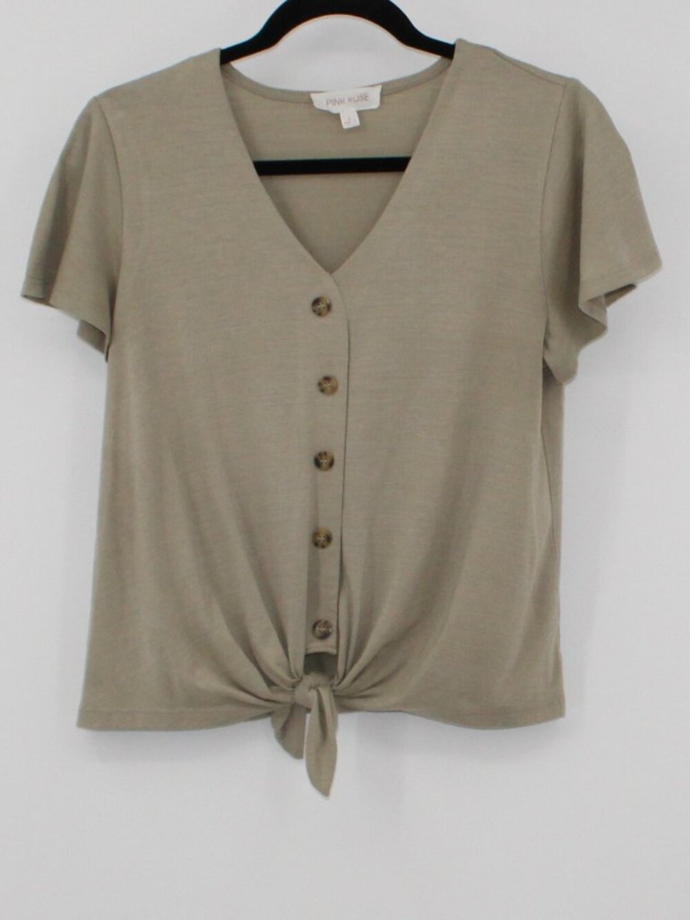 PINK ROSE Womans Front-Tie Blouse Oatmeal Sz Sm Casual Business Feminine